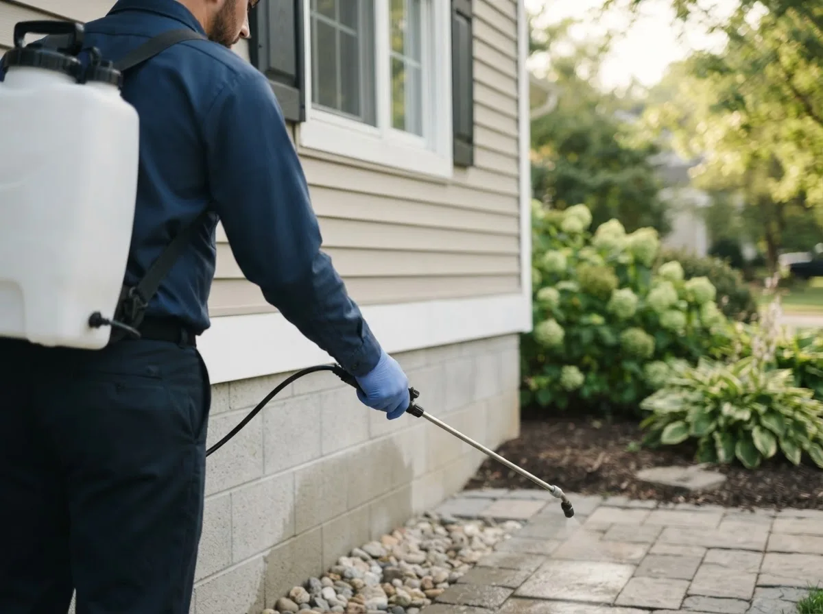 Pest control technician inspecting a home in Springbrook, IA